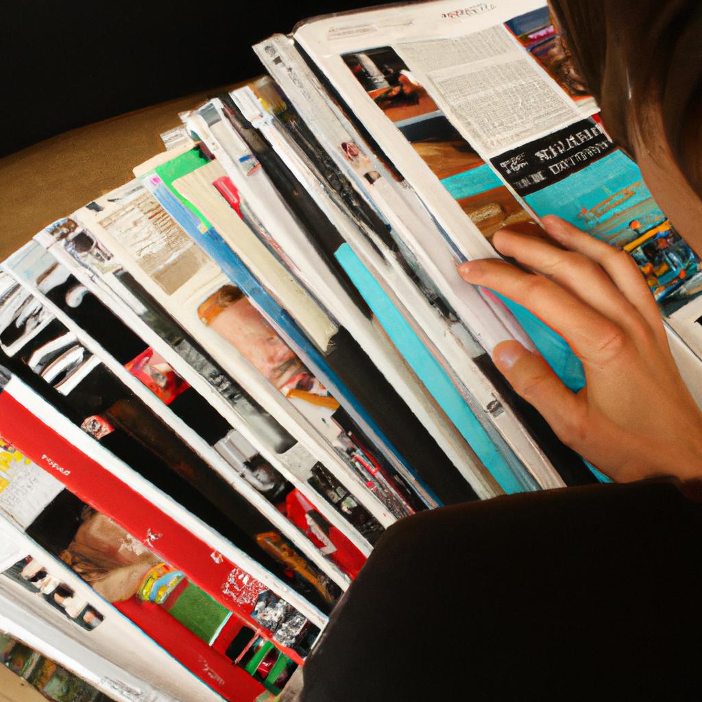 Person reading a stack of magazines